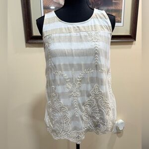 Maurices White And Tan Striped Tank Top with Lace Overlay